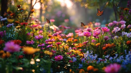 Obraz premium Enchanting flower garden with butterflies flying above colorful blossoms in warm sunlight