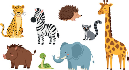 Cute wild safari animals vector set with leopard, zebra, hedgehog, lemur, giraffe, elephant, snake and boar cartoon illustration © MdNazmul