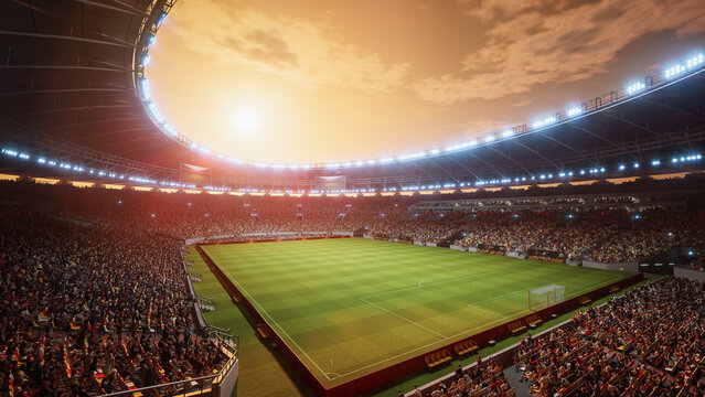 Elevated Sunset Look of Soccer Stadium During Major Match Event. Aerial Views Reveal Packed Stands Surrounding Pitch. Thousands of Spectators on Arena for International Tournament. Cinematic Flyover 
