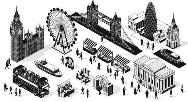 London landmarks illustrated in a striking black and white isometric silhouette high quality