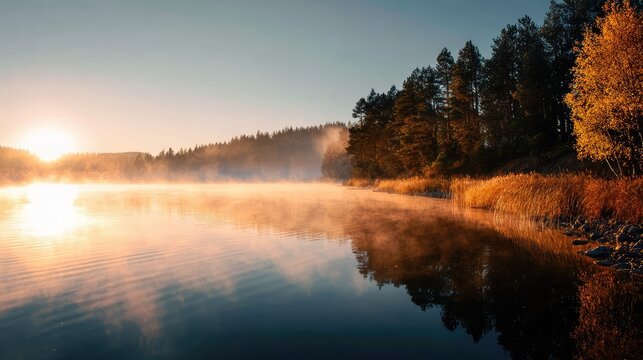 Gentle fog covering calm lake during early morning with golden sunlight reflecting on water surface