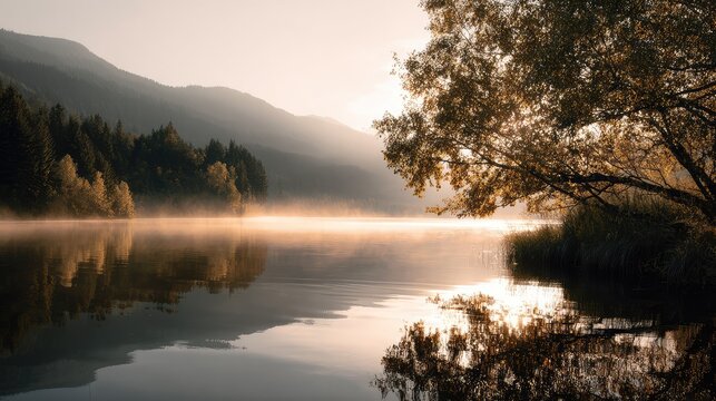 Gentle fog covering calm lake during early morning with golden sunlight reflecting on water surface