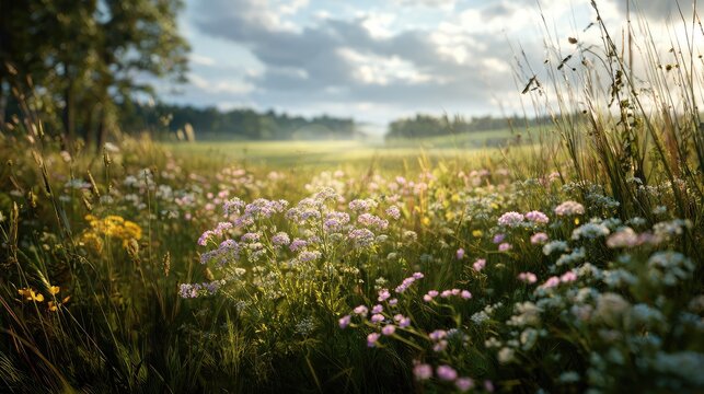 Gentle spring sunlight illuminating blooming wildflowers across peaceful countryside field