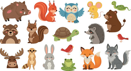 Fototapeta premium Cute Woodland Forest Animals Collection with Fox Bear Owl Squirrel Hedgehog and Cartoon Nature Vector Illustration Set