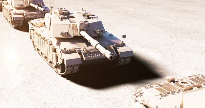 Armored tank battalion ready for a desert battle mission. World War Related 3D Animation.