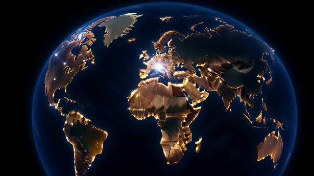 The illuminated continents of Earth glow from space against the dark void