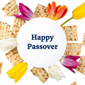 Happy passover greeting with matzo and flowers isolated on transparent background
