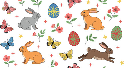 Obraz premium Easter Spring Seamless Pattern with Rabbits Colorful Eggs Butterflies Flowers and Cute Cartoon Vector Background Design