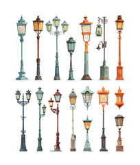Naklejka premium Vintage old street lamps cartoon vector set. Antique city light posts lantern classic retro decorative iron architecture urban exterior lighting gas electric lamp isolated illustration