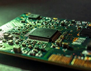 Close-up of a green circuit board with various components
