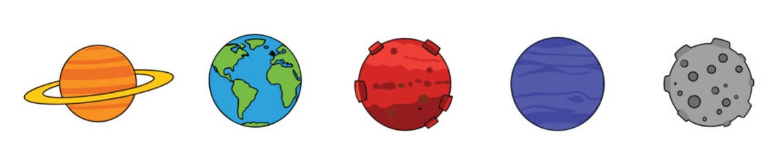 Colorful Flat Cartoon Planet Icons — Saturn, Earth, Red Planet, Moon, Asteroid Row © Muhammad