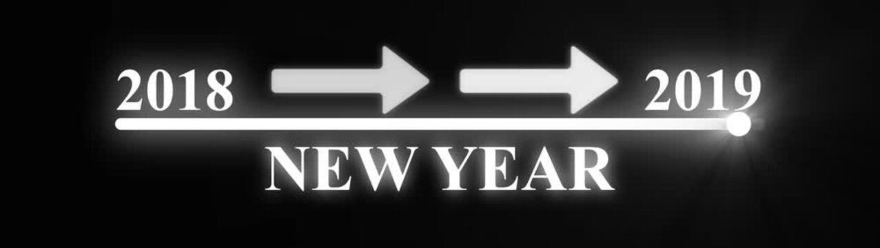 Futuristic digital progress bar with glowing neon white numbers 2018 and 2019 indicating a year transition on a black background