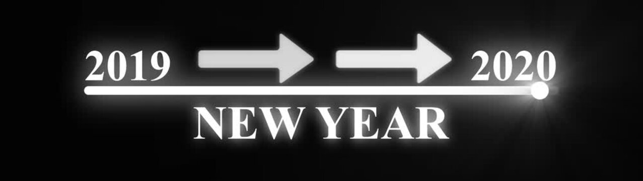 Futuristic digital progress bar with glowing neon white numbers 2019 and 2020 indicating a year transition on a black background
