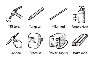 Fototapeta premium Hand-drawn style black and white illustration of welding equipment: TIG torch, tungsten, filler rod, argon flow, welding mask, power supply, and butt joint. Represents fabrication and metalwork.