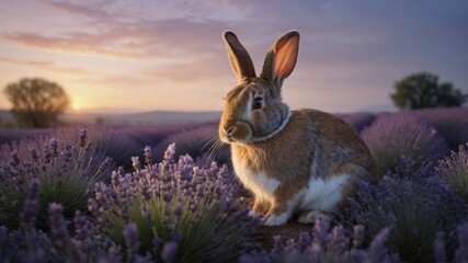 Fototapeta premium A serene rabbit sitting among blooming lavender fields at sunset, capturing a tranquil moment in nature