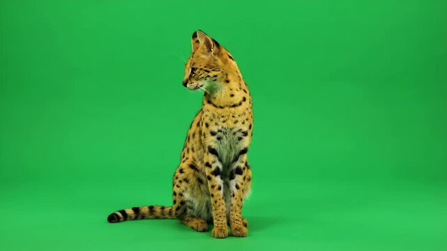 Elegant Serval Cat on Green Screen  Majestic Pose.