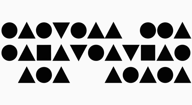 Abstract geometric pattern with circles, squares, and triangles on a white background.