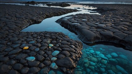 Naklejka premium Serene coastal landscape featuring smooth black stones and clear water pools reflecting the sky