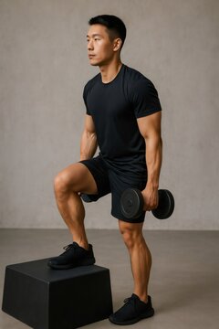 Male athlete engaging in intense leg and glute workout, stepping onto a plyometric box while holding dumbbells, focusing on fitness and muscle building
