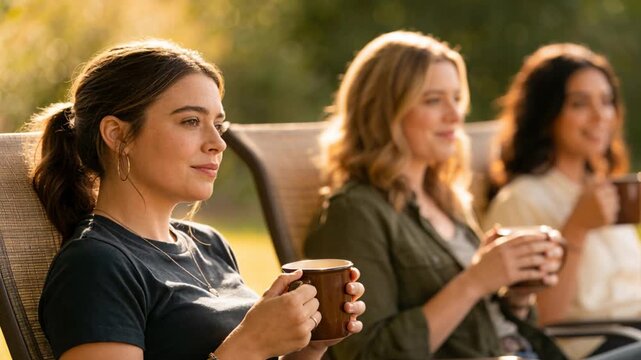 Lead woman holding mug starting calm conversation friends listening near mugs, health icons rising
