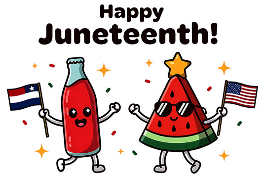 Happy juneteenth cartoon bottle and watermelon character holding american and texas flags with confetti and stars
