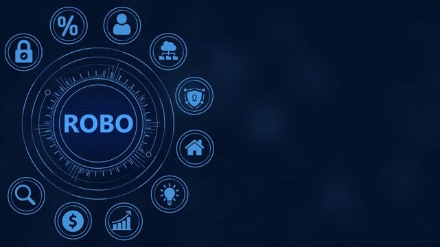 Digital Robo Concept with Icons and Futuristic HUD Interface on Dark Blue Background robot automation
