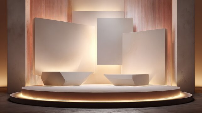 High end product display stage with soft spotlight and minimal geometric background for luxury branding presentation