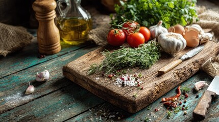 Homemade cooking scene with fresh ingredients cutting board and kitchen utensils on rustic table