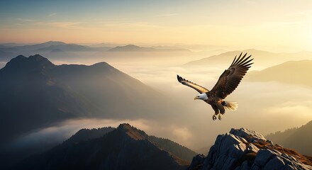 Fototapeta premium Soaring eagle over mountain landscape