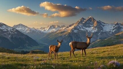 Majestic deer grazing in a lush meadow with mountains and clouds at sunset in a serene landscape © Tina