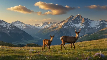 Majestic deer grazing in a lush meadow with mountains and clouds at sunset in a serene landscape © Tina