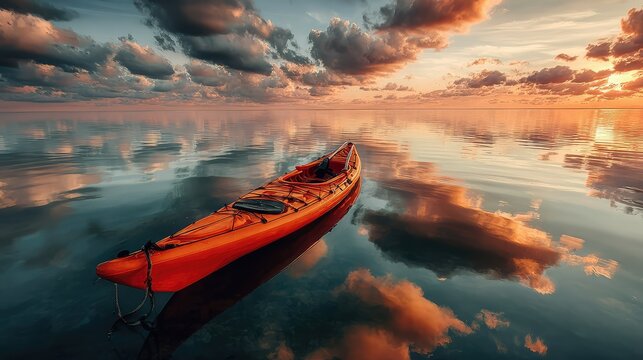 Kayak floating peacefully on reflective ocean surface with dramatic sunset clouds in background