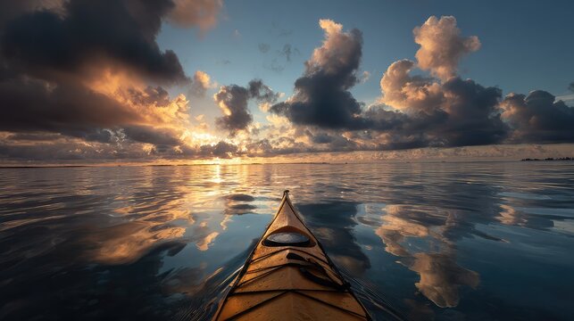 Kayak floating peacefully on reflective ocean surface with dramatic sunset clouds in background
