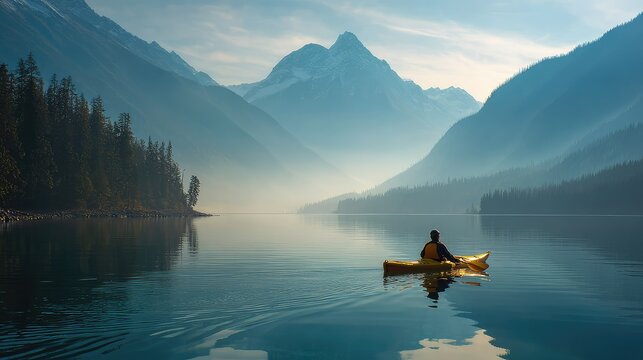 Kayaker exploring calm lake surrounded by towering mountains and morning mist creating peaceful travel scene