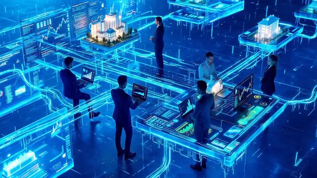 People working with digital data in a futuristic setting