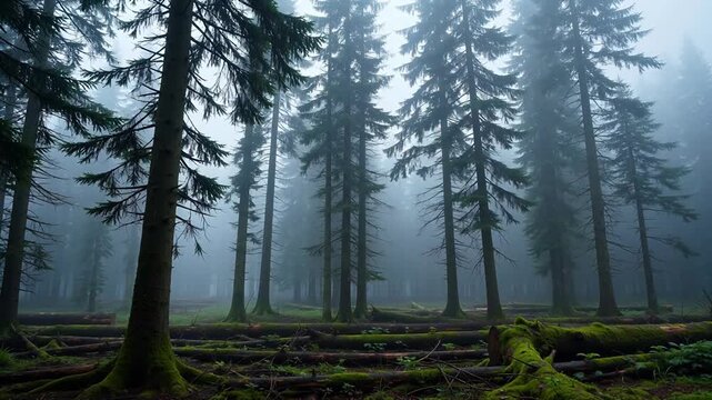 Misty forest with tall trees and mossy logs