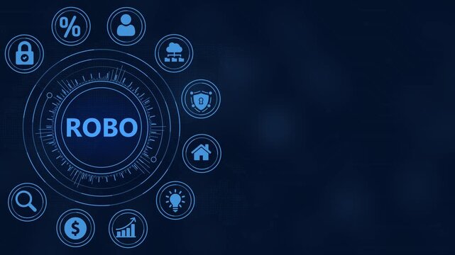 Digital interface with the word ROBO in the center surrounded by technology and business icons on a dark blue background