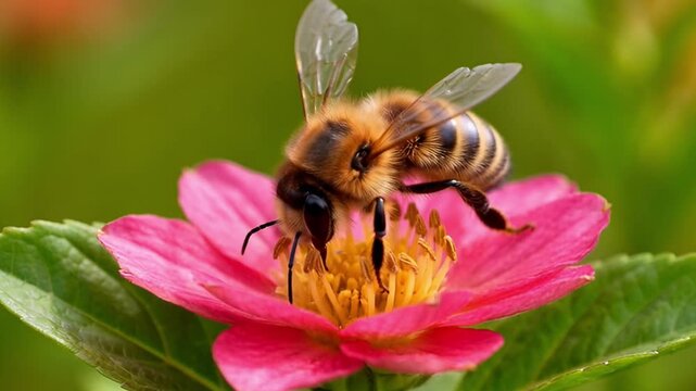 Bee collecting pollen on pink flower in sunlight nature close up