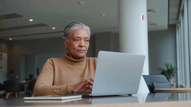 Smiling focusing senior woman in tan knit typing at cafe on laptop and notebook for work