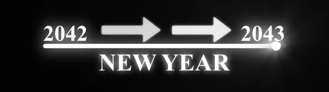Futuristic digital progress bar with glowing neon white numbers 2042 and 2043 indicating a year transition on a black background