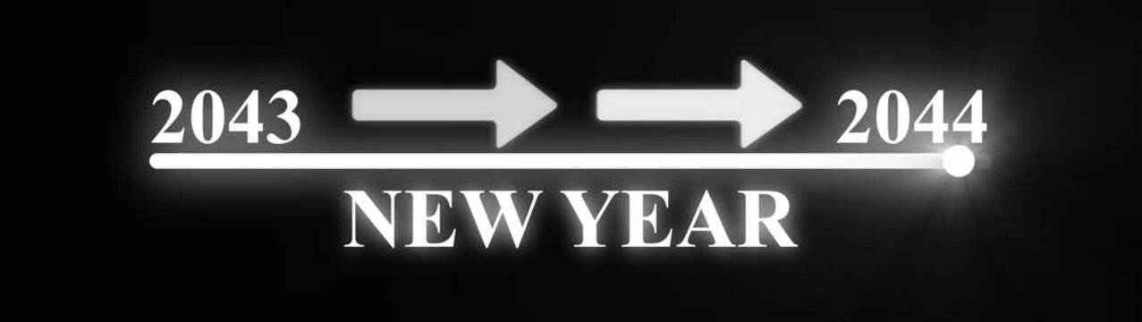 Futuristic digital progress bar with glowing neon white numbers 2043 and 2044 indicating a year transition on a black background
