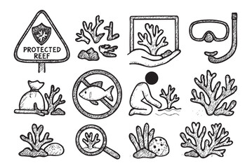 Black and white vector illustration depicting the protection of coral reefs, promoting ocean conservation, and sustainable diving practices, perfect for environmental awareness campaigns.