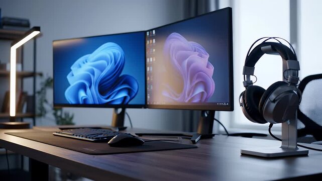 Modern office desk setup with dual monitor display and gaming headphones.