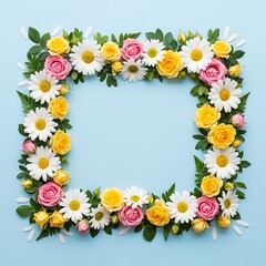 Obraz premium Vibrant floral wreath frame with roses and daisies on blue background