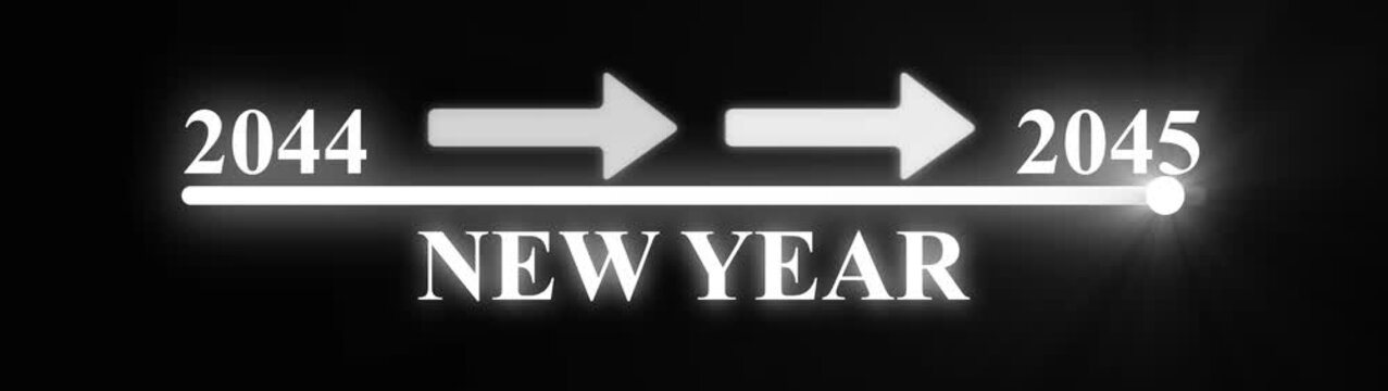Futuristic digital progress bar with glowing neon white numbers 2044 and 2045 indicating a year transition on a black background