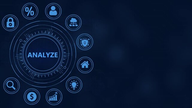 Futuristic Digital Interface Displaying ANALYZE with Surrounding Technology Icons on Dark Blue Background