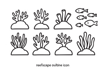 Fototapeta premium Black outline illustrations of coral and small fish against a white background. Use this set for coloring books, marine biology projects, or ocean-themed decorations.