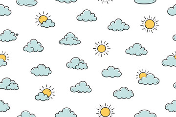 Charming vector illustration of a seamless pattern with cartoon clouds and suns on a white background. Perfect for kids' designs, wallpapers, and playful projects.

