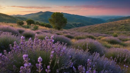 Obraz premium Lavender fields in bloom at sunset with rolling hills and a solitary tree in the background