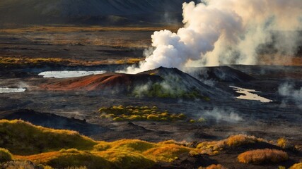 Fototapeta premium Erupting volcano surrounded by lush green vegetation and smoke, showcasing nature's power and beauty